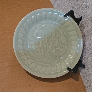 Vintage Longquan Celadon Koi Fish Dessert Plate Green 6.75"